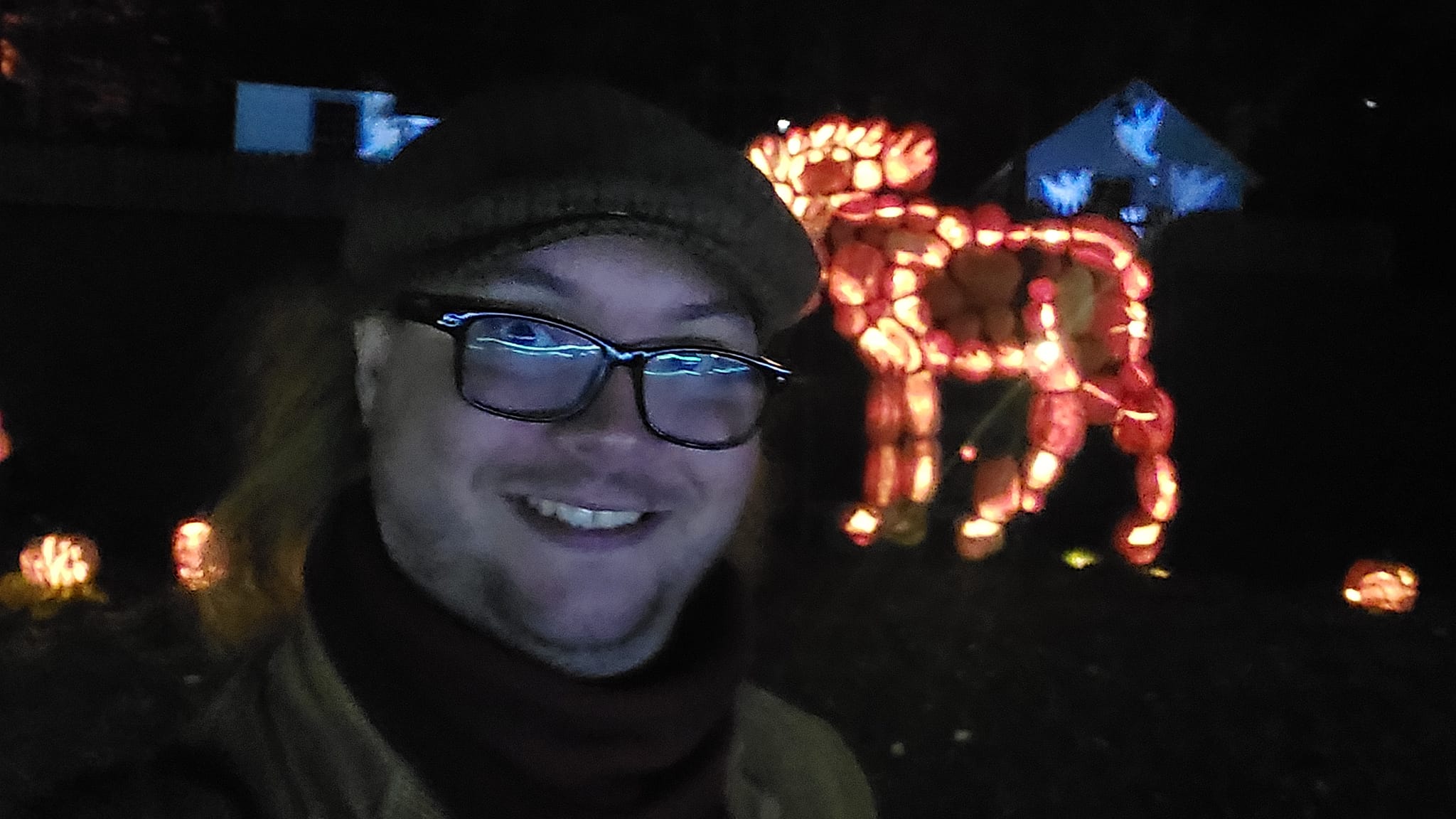 A blurry man stands in front of a moose made of jack-o-lanturns